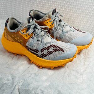 Saucony Endorphin Rift trail running shoes in a grey, yellow, and red Size 7